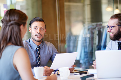 Buy stock photo Business, people and meeting with document in office for research, teamwork and financial planning. Staff, explain and paperwork with PC, brainstorming and reading notes for finance report of company