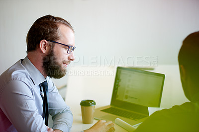 Buy stock photo Businessman, thinking and laptop in meeting for project administration, proposal and planning in office. Manager, research and document with report for discussion, feedback and briefing communication