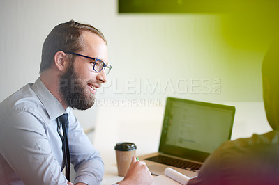 Buy stock photo Businessman, idea and smile in meeting for project administration, proposal and planning in office. Manager, laptop and document with report for discussion, feedback and briefing communication