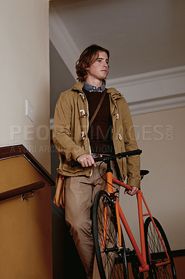 Buy stock photo Stairs, walking and man with bicycle in building for eco friendly transport, work commute and trip. Apartment, cyclist and person with bike for carbon footprint, sustainable travel and journey