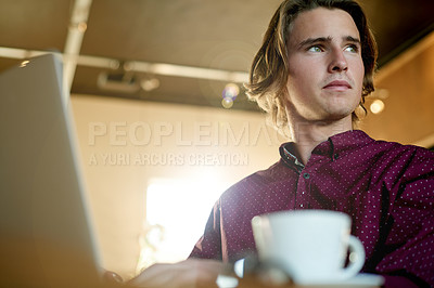 Buy stock photo Thinking, employee and man with laptop, cafe and creative for digital magazine, app and remote work. Reflection, reporter and person with tech for article, online or freelance project in coffee shop