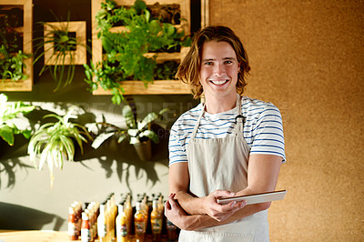 Buy stock photo Restaurant, barista or happy man on tablet for portrait, inventory and stock with seasoning options. Coffee shop, order and confident waiter with smile for managing sales and store service in cafe