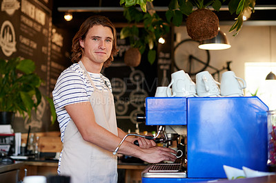 Buy stock photo Portrait, barista and man in coffee shop, machine and skills with milk foam, small business and startup. Person, apron and employee in cafe, store manager and prepare drink with order and restaurant