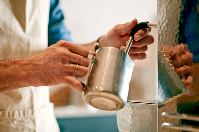 Buy stock photo Cafe, barista and hands with machine for milk frother, coffee preparation and hospitality industry. Closeup, restaurant and person with customer service of cappuccino order, drink and brewing process