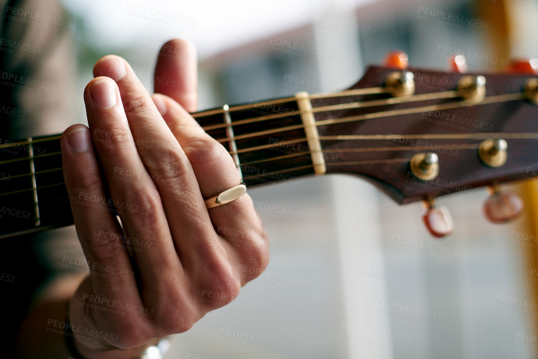 Buy stock photo Music, guitar and artist with hands of man in home for performance, band practice and production. Musician, acoustic instrument and creative song with person in apartment for sound and entertainment