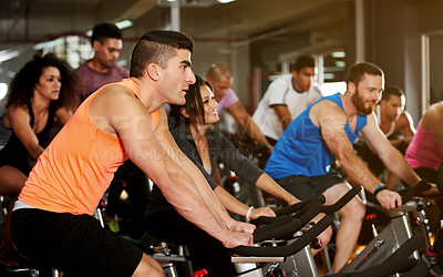 Buy stock photo Bike, studio or man in spin class for group exercise, wellness and cardio health in gym. Athlete, club and active people on bicycle machine for workout, body and challenge in fitness community