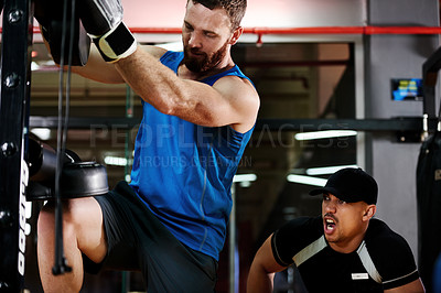 Buy stock photo Knee, coach or people in club for fighting exercise, boxing or self defense development. Men, teamwork or athlete in sports practice for training technique or fitness workout with personal trainer