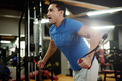 Buy stock photo Workout, training and equipment with man in gym for cable pulley machine, muscle and fitness. Health, intense exercise and bodybuilder with person in sports club for weightlifting, strong and athlete