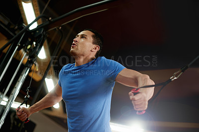 Buy stock photo Workout, fitness and equipment with man in gym for cable pulley machine, muscle and training. Health, intense exercise and bodybuilder with person in sports club for weightlifting, strong and athlete