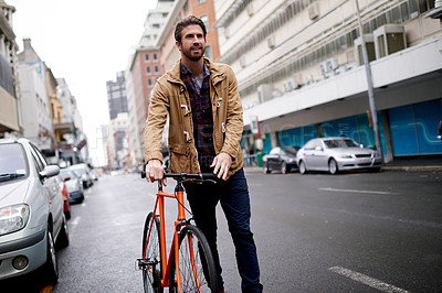 Buy stock photo Commuting, outdoor and man with bicycle, morning and tourist with eco friendly transport for adventure. Urban street, travel and person with bike for environmental benefits, low emission and tourism