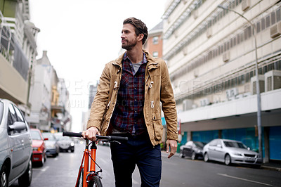 Buy stock photo Man, road and travel with bicycle in city for local commute, ride or eco friendly transportation. Male person, traveler or tourist with bike on street for cycling or carbon footprint in an urban town