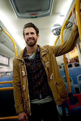 Buy stock photo Smile, thinking and travel with man on bus for commute to destination as holiday tourist. Balance, metro and waiting with happy passenger in vehicle for public transportation, trip or vacation