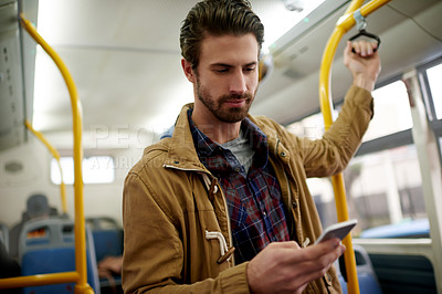 Buy stock photo City, bus and man with phone for travel, morning commute and trip online for contact, email and internet. Public transport, passenger and person on smartphone for location search in urban town