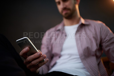 Buy stock photo Phone, hand and man in office at night with private investigation update, notification or communication. Cellphone, professional and male detective with email for criminal report with deadline.