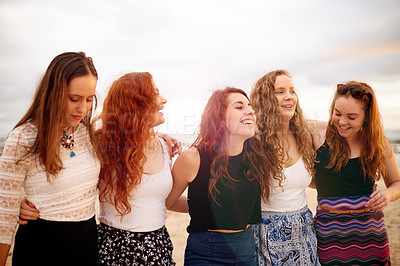 Buy stock photo Happy, group and women on vacation, beach or travel with friends in nature, reunion or hug on break. Outdoor, friendship and people on summer holiday, space and bonding on weekend, getaway and trip