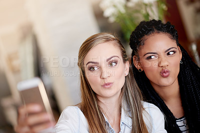 Buy stock photo Women, picture and friends with selfie for photography, holiday or weekend together in home. Female people, silly or funny faces with pout for capture moment, bonding memory or social media in house