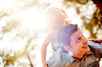 Buy stock photo Happy, father and child with piggyback at park for airplane game, creative imagination and bonding. Space, dad and carry girl with flare in nature for playing together, freedom or support with bokeh