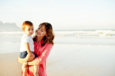 Buy stock photo Love, family and mom with child at beach for bonding, relationship and relax in nature. Ocean, travel and mother with boy for holiday, vacation and weekend trip for support and adventure with space
