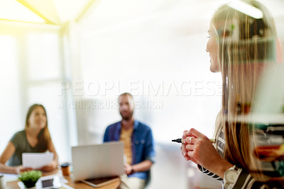 Buy stock photo Team, meeting and business people in office for workshop, copywriting tips and brainstorming ideas. Creative, news agency and workers with notes for planning story, article research and project