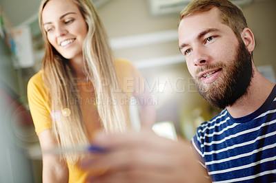 Buy stock photo Planning, collaboration and business people in office with ideas, thinking or brainstorming. Happy, teamwork and professional creative editors working on article for publishing together in workplace.