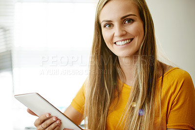 Buy stock photo Tablet, smile and portrait of business woman in office for journalist, research and magazine publisher. Article editor, story reporter and blog development with person in creative media agency
