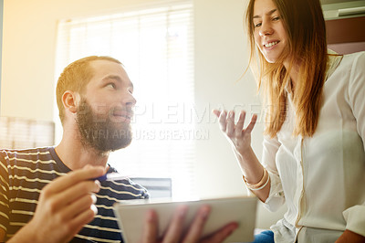 Buy stock photo Man, woman and tablet with idea, feedback and discussion for interior design office. People, teamwork and digital technology with agenda, review and proposal meeting for property renovation at agency