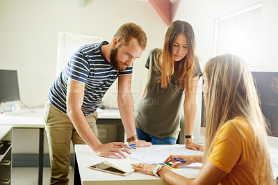Buy stock photo People, interior design or team collaboration with documents for project planning or layout. Creative group, employees or colleagues with blueprint for building startup, idea or development in office