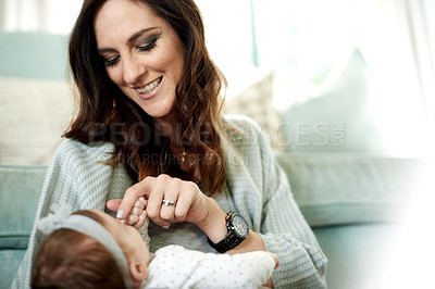 Buy stock photo Mom, play and smile with baby in home for love, care or bonding together to nurture child development. Happy, woman or single parent with infant girl for growth, trust or comfort in family house
