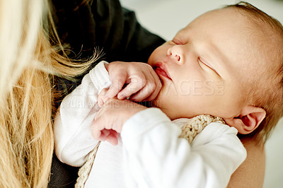Buy stock photo Baby, parent and sleeping in arms for bonding, nap or newborn with love, moment and care. Peace, calm and relationship growth for family, sleepy infant or woman for new motherhood with security