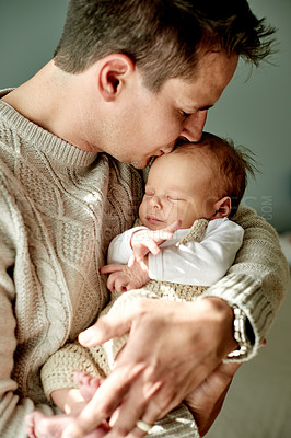 Buy stock photo Sleeping, love and father kiss baby in home for connection, bonding together and security in nursery. People, new dad and comfort newborn in house for early childhood development, affection and care