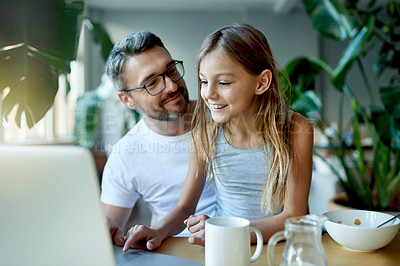 Buy stock photo Breakfast, laptop or remote work with dad and daughter in home dining room together for bonding. Computer, development or food with freelance father and girl child in apartment for small business