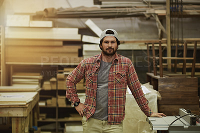 Buy stock photo Man, portrait and confidence in workshop for carpentry, furniture repair or manufacturing with timber. Carpenter, pride and male person with trade in woodworking industry, craftsman and lumber