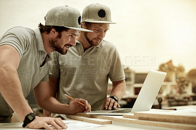 Buy stock photo Laptop, furniture and team with men in workshop for design drawing, artisan project or carpenter. Manufacturing, online  designer and woodworking with people for crafting, partner and quality control