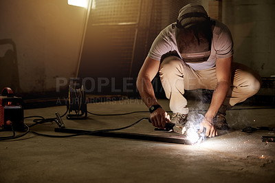 Buy stock photo Industry, sparks and welding with engineer in workshop for manufacturing or production process. Design, freelance and metalwork with welder person in garage for expertise or small business startup