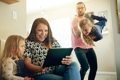 Buy stock photo Tablet, online and mother with child on sofa for education app, streaming service and research. Home school portal, ebook subscription and woman with kid in living room of family house for tech