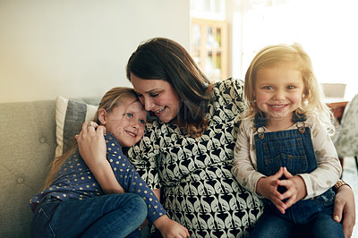 Buy stock photo Smile, mother and hug kids at house with love, trust and bonding together for pregnancy news. Portrait, pregnant woman and embrace with children for security, care and family connection for affection