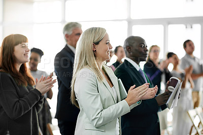 Buy stock photo Business, audience and woman with applause, conference and financial agency with cheering. Seminar, group and crowd with celebration, clapping and profit revenue with achievement and sales increase