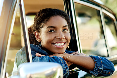 Buy stock photo Happy, thinking and woman in car window for road trip, adventure and journey in countryside. Smile, relax and African person in vehicle for holiday, vacation and travel for weekend getaway in nature