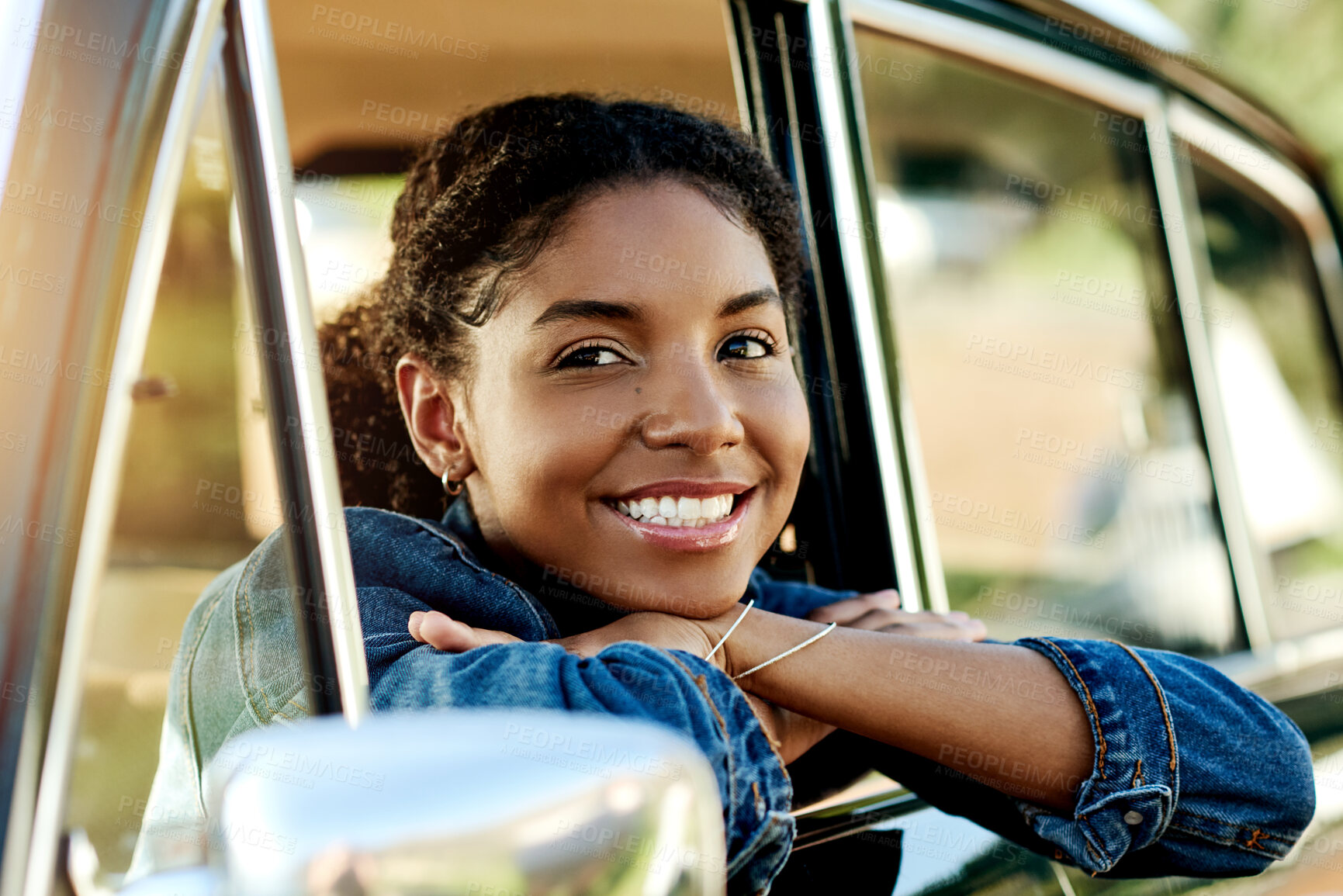 Buy stock photo Happy, thinking and woman in car window for road trip, adventure and journey in countryside. Smile, relax and African person in vehicle for holiday, vacation and travel for weekend getaway in nature