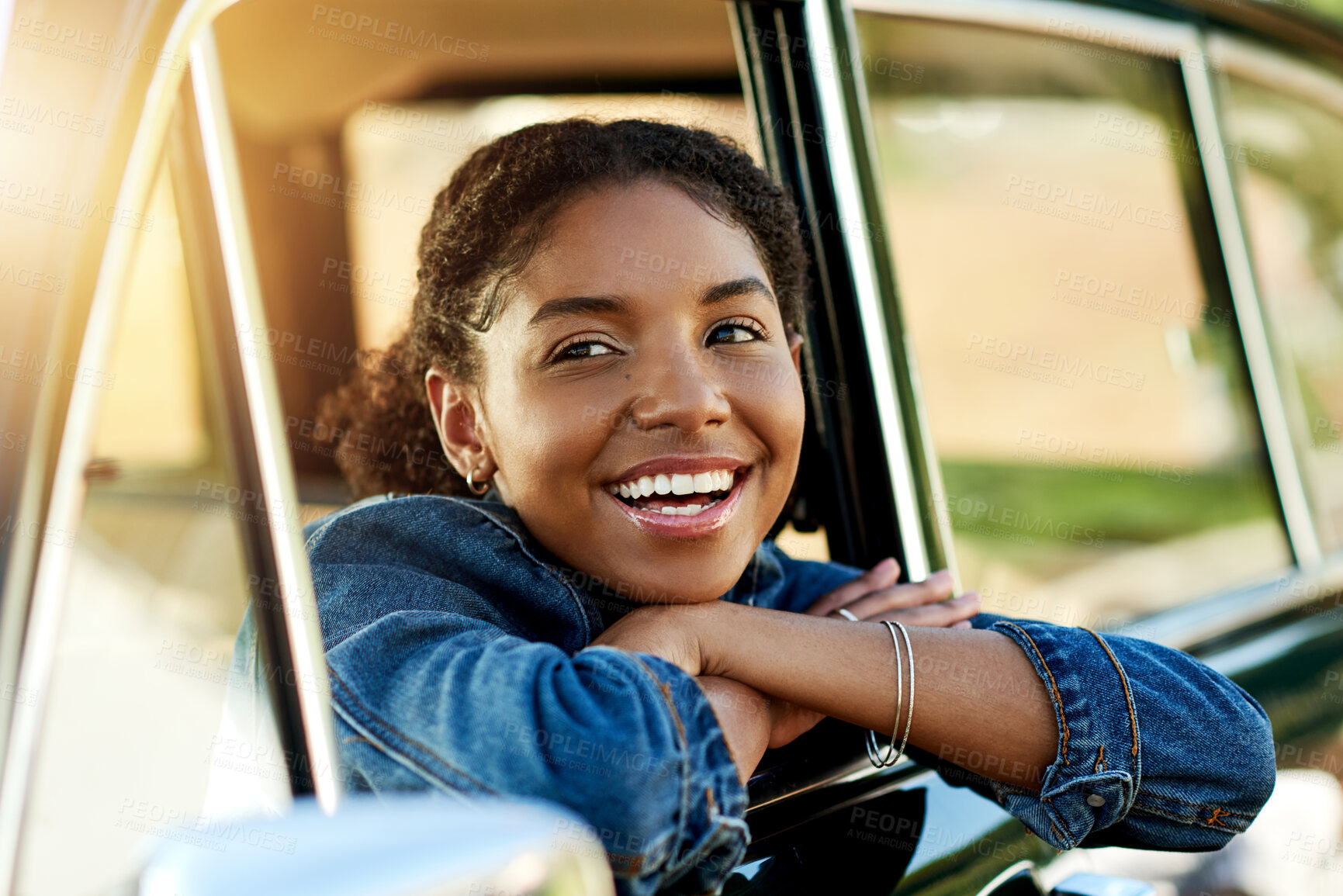 Buy stock photo Happy, thinking and woman in car for road trip, adventure and journey in countryside. Travel, window and African person in vehicle for holiday, vacation and tourism for weekend getaway in nature