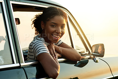 Buy stock photo Portrait, passenger and woman in car, window and excited for adventure, road trip or summer holiday. Happy, tourist and people in vehicle for journey, sunset and confident on vacation and getaway