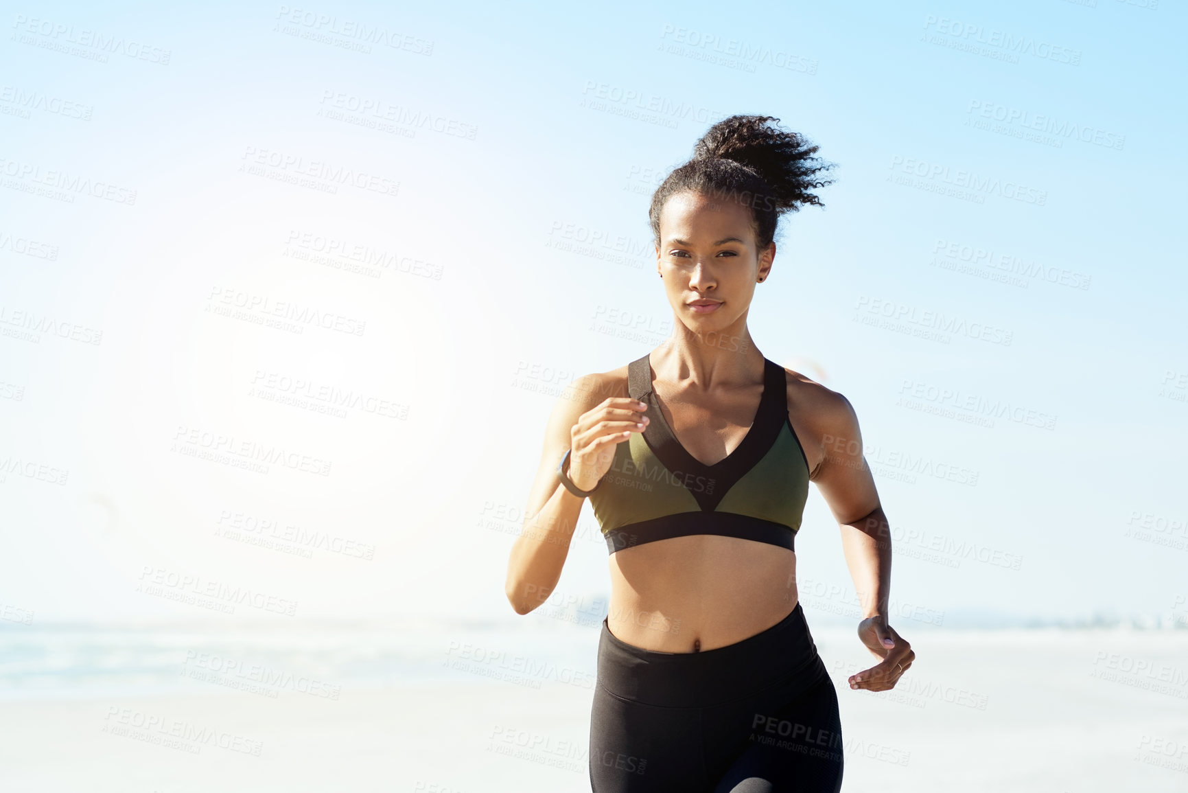 Buy stock photo Exercise, running and portrait with woman on beach for cardio training or morning workout. Blue sky, fitness and health with African athlete or runner on space outdoor for challenge or improvement