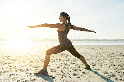 Buy stock photo Yoga, fitness and woman at sea in warrior pose for posture and holistic health for calm soul. Athlete, mockup or person stretching arms at beach for outdoor body exercise, chakra balance or training