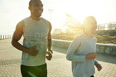 Buy stock photo Fitness, happy friends and running outdoor for workout, body wellness or health at promenade. Team, man and woman with cardio exercise for training, sport and race with energy for marathon at sunset
