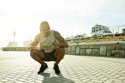 Buy stock photo Black man, runner and thinking with smile in city, break and reflection with sky, space and flare. African person, athlete and happy with inspiration in summer, fitness or marathon training in Kenya