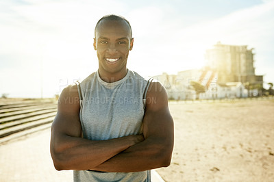 Buy stock photo Fitness, portrait and black man with arms crossed outdoor for exercise, workout or smile. Confidence, happy runner and athlete in city for health, wellness and practice sports with pride in Kenya
