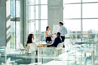 Buy stock photo Collaboration, meeting and speaker with business people in office for discussion, planning and project management. Presentation, teamwork and woman with whiteboard for brainstorming, report or review