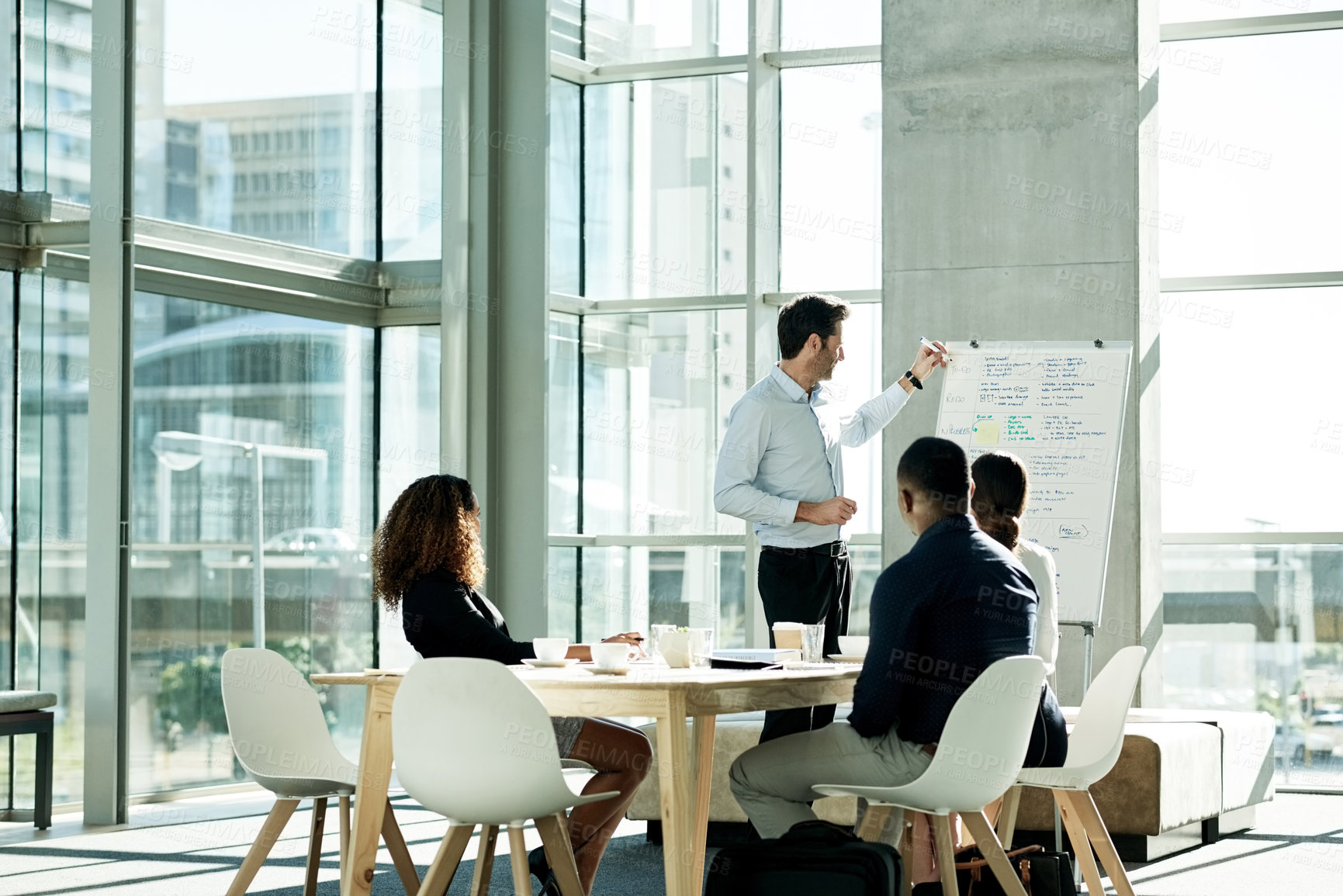 Buy stock photo Meeting, presentation and whiteboard with business people in office for brainstorming, team and portfolio manager. Speaker, pitch and account growth with employees in finance agency for broker report