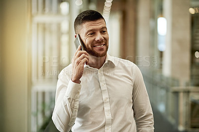 Buy stock photo Happy, businessman or discussion with phone call in hallway for negotiation or company deal. Man, salesperson or conversation with mobile smartphone for business proposal or communication in corridor