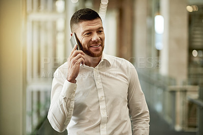 Buy stock photo Happy man, discussion or business with phone call in hallway for negotiation or company deal. Businessman, salesperson or conversation with mobile smartphone for proposal or communication in corridor